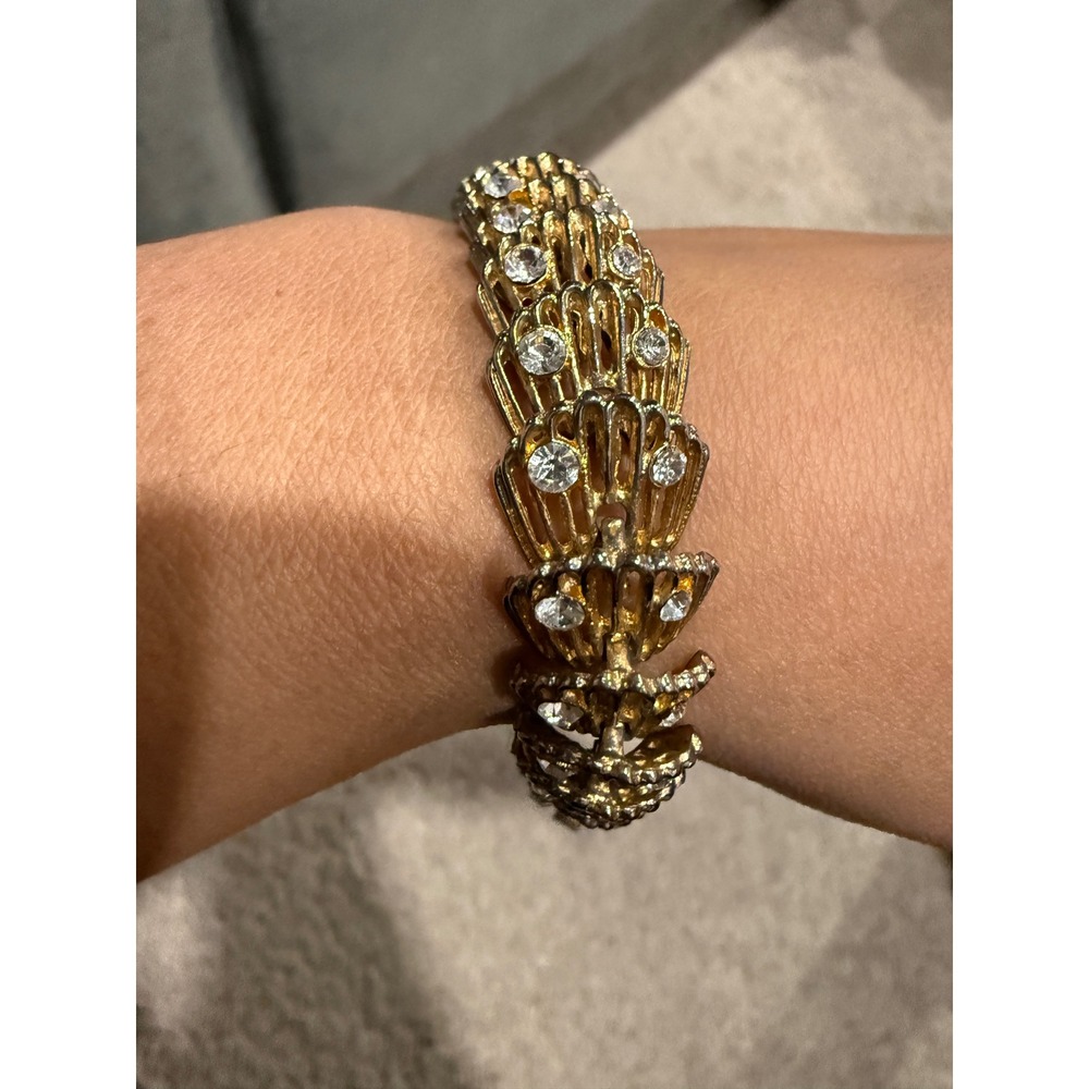 Vintage Sparkling Rhinestone Cuff Bracelet Gold Tone Art Deco Style
